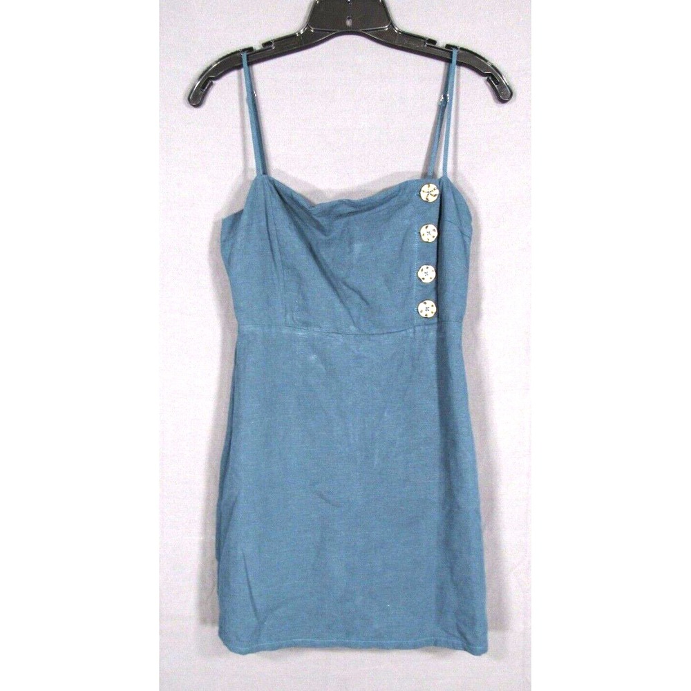URBAN OUTFITTERS Dress TEAL BLUE Button Detail LINEN BLEND DRESS Strappy SHIFT 0